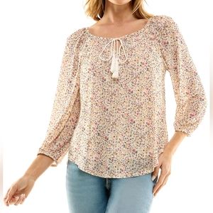 Floral-Print Tie-Neck 3/4-Sleeve Top. Size: Large Junior's